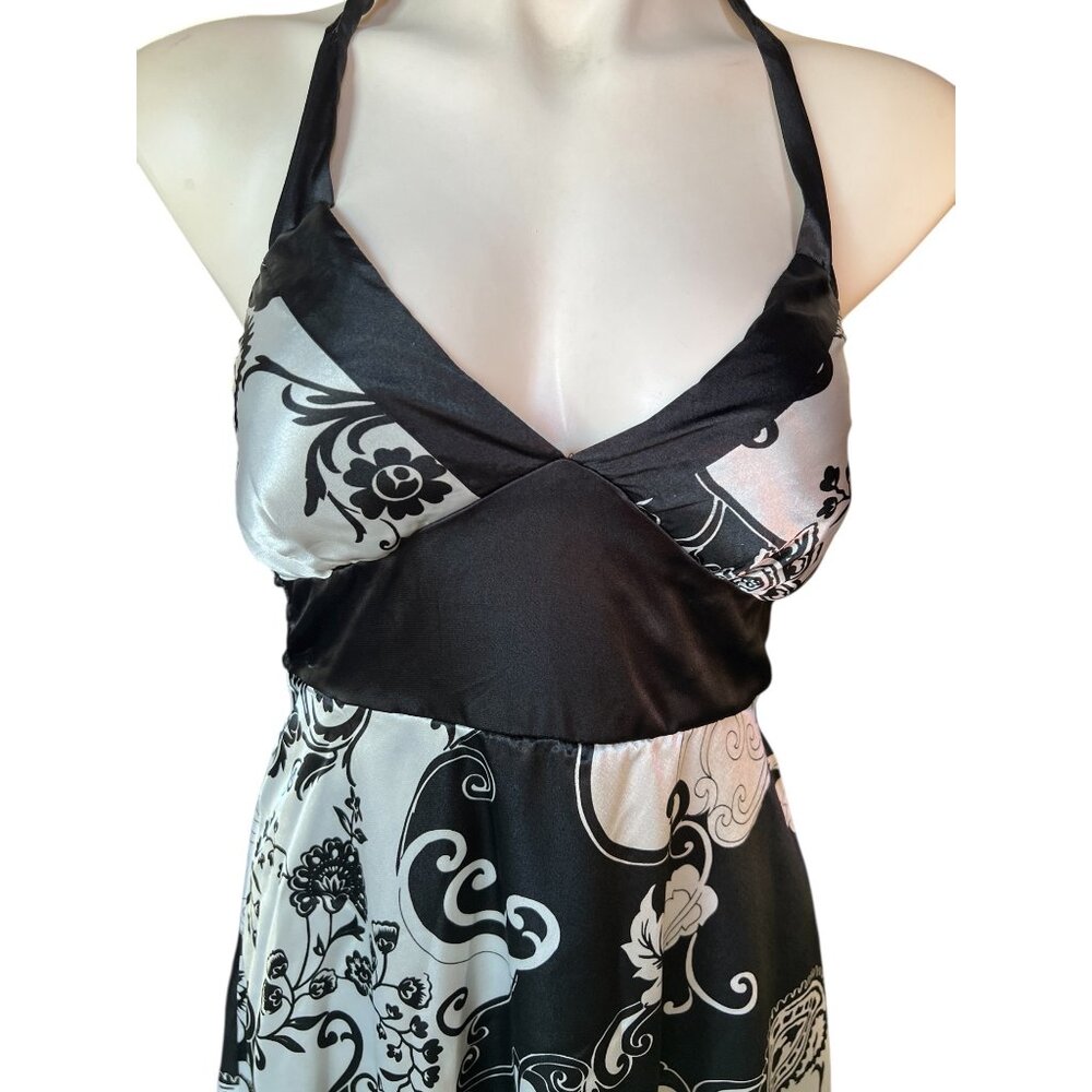 Ruby Rox Womens Halter Dress Size M Satin Floral Black & White Lined with ruffle - Picture 5 of 15